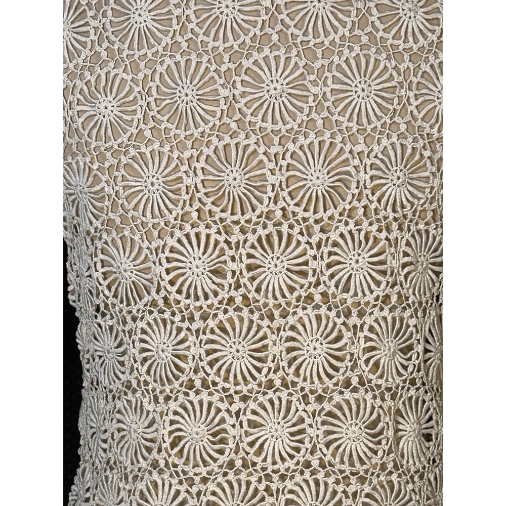 Vintage Crochet Lace Cream Romantic Boho Short Sleeve Button UP Sheer Top Blouse - Picture 7 of 7
